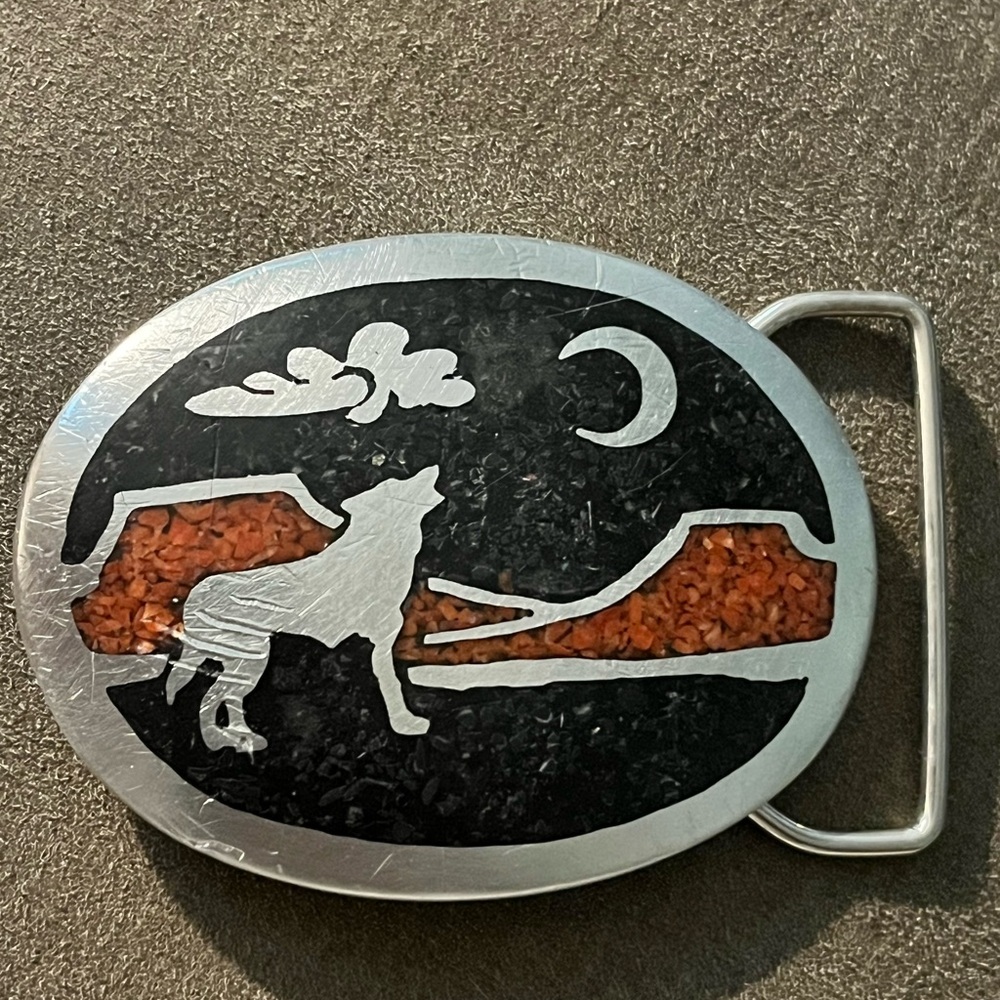 Native Craftsman Pewter Wolf Howling at the Moon with stone inlay belt buckle.